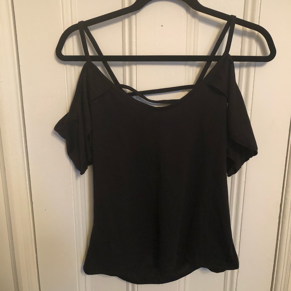 Off the shoulder black strappy shirt